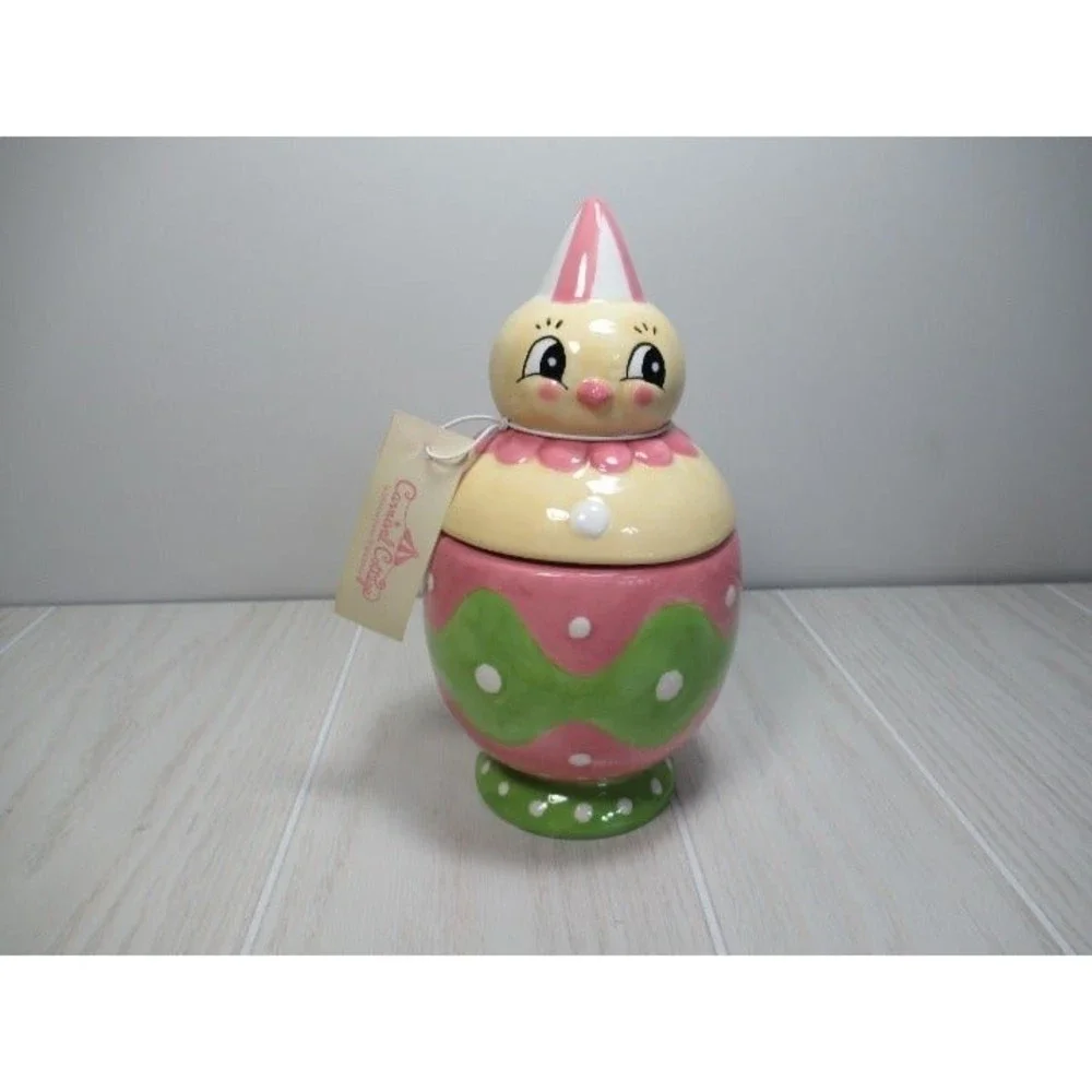 Johanna Parker Easter Chick in egg Covered Jar Canister pink green‎ yellow new